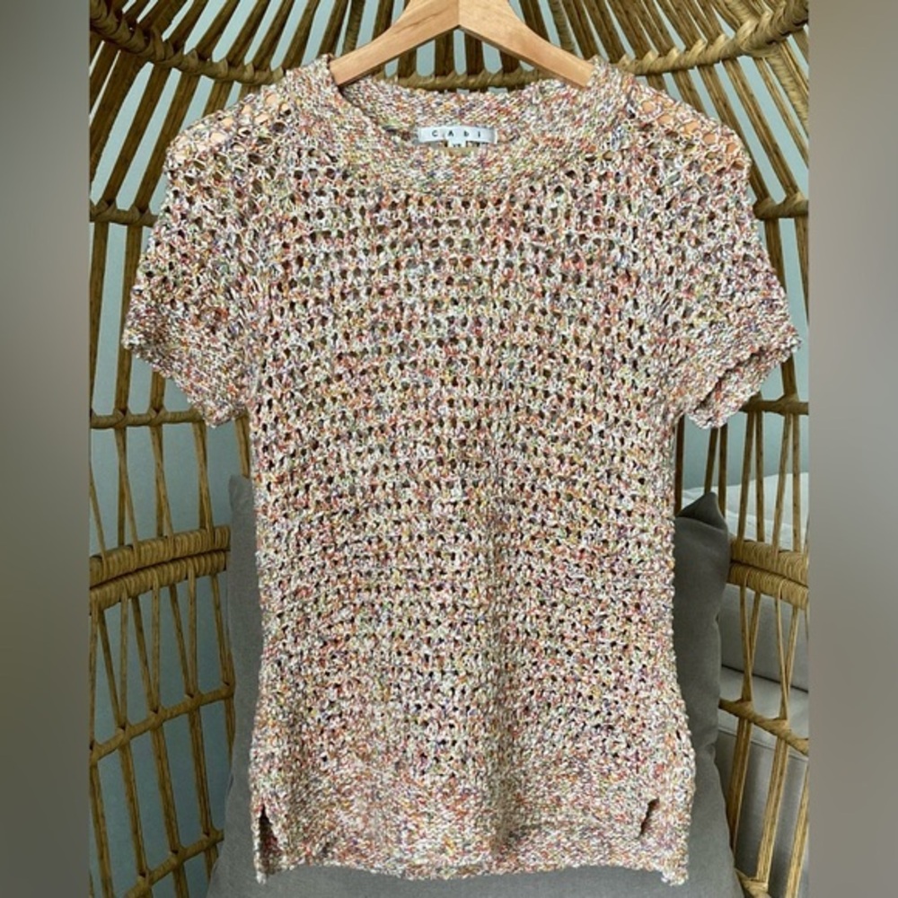 CAbi XS Multicolor Open-Knit Short Sleeve Sweater Lightweight Top %100 Cotton